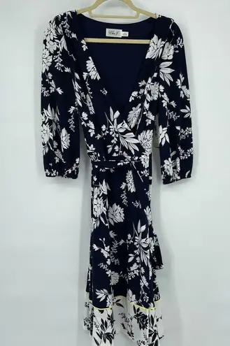 Eliza J  Floral Print Faux Wrap V-Neck Waist Tie Dress Blue White Size 4 NWT