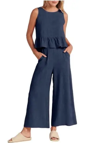 Elegant Blue Pants with Ruffled Peplum Top 2 Piece Set Size L
