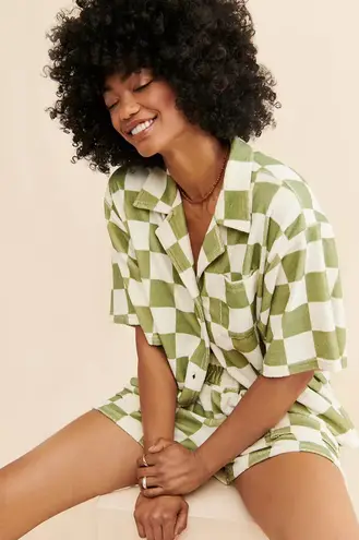 ONA Checker Terry Oversized Button Down Greyed Olive Small Green