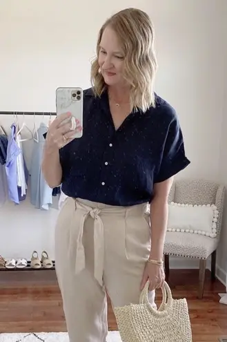 Grayson Frank Eileen The Artist Short Sleeve Popover Shirt Blue Linen Women 2 Sm