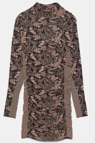 ZARA  Jacquard Draped Dress Long Sleeve Mini Size Small NWT Brown Knit High Neck