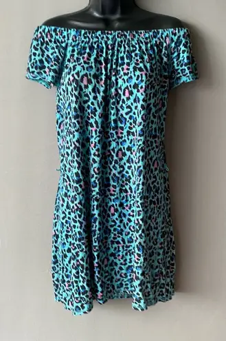 Vintage Beach Tees sz XS blue pink cheetah print 100% cotton mini dress