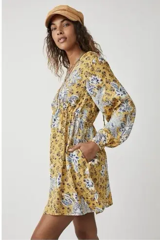 Free People NWT  Soli Golden Hour Combo Yellow V-Neck Long Sleeve Mini Dress