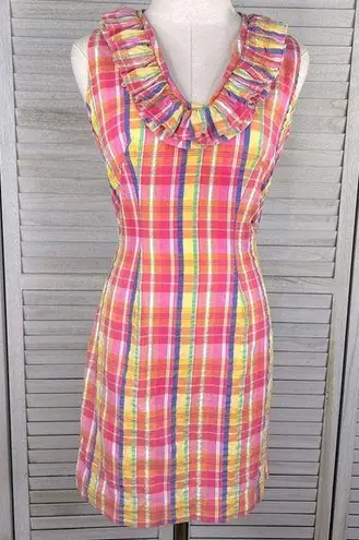 JUST MADRAS 100% Cotton Sundress Ruffle Neck Multi Plaid