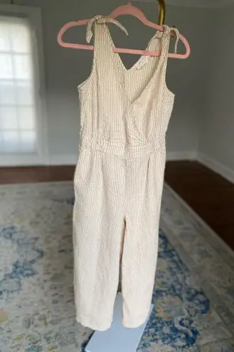 Level Eight Cotton Seersucker Romper Jumpsuit Striped Coastal Minimal Neutral M Tan