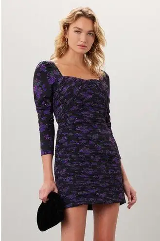 Amur Giulia Black Purple Pleated Floral Print Long Sleeve Mini Dress Size 4