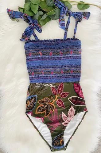 Farm Rio NWT Smocked Shoulder Tie One Piece Swimsuit, Size XS