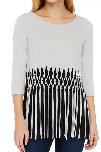 IC by Connie K Fringe Tunic Top Women Large Gray Black Casual Comfy Lagenlook