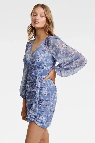 Ever New Melbourne Mini Dress Women's 6 Blue Tassa Floral Ruched Balloon Sleeve