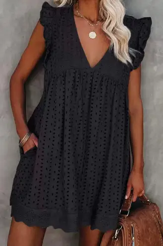 Black Eyelet Babydoll V Neck Lace Shift Dress Size L