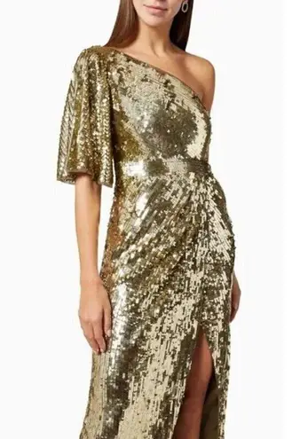 Mac Duggal One-Shoulder Sequin Column Gown in Gold Size US 12 NWT