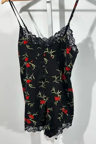 Floral Lace Trim Satin Bodysuit (fits like medium) Black