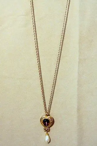 Amethyst Vintage 80s Avon Heart w/ Tear Drop Pearl Dangle Pendant