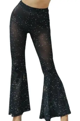 high waist small black sheer mesh studded flare leg pant club rave P2 4559