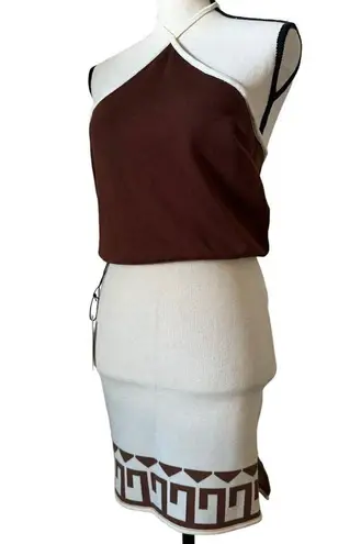 NWT Callahan Knitwear Womens Cream Brown Halterneck Crop Top Skirt Set Size S