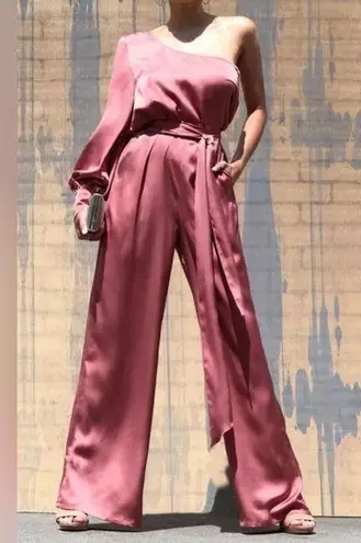 NEW! Dress Day Satin Pink Jumpsuit with One Off Shoulder Mauve Small