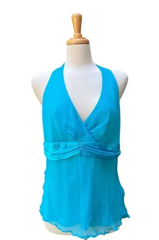 VTG Y2K Silk Halter Top Med/LG Blue Babydoll Ribbon Chiffon V Neck Coquette