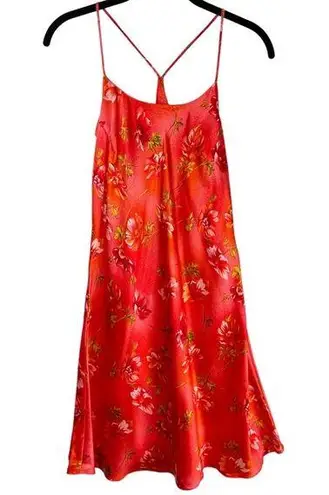 Vtg Y2K Silk Mini Dress Tropical Floral Hawaiian Sz Small Orange Red