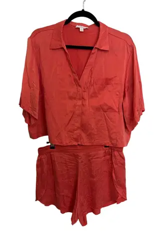 Lunya Pajama Set Womens Large Washable Silk Button Up Short Outro Coral Pink PJ