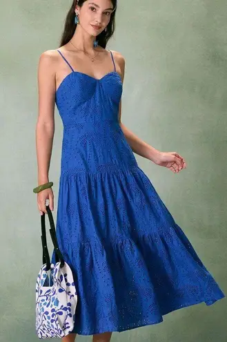 RIHOAS The Blue Sweetheart Neck Embroidery Slip Midi Dress 3 Size L