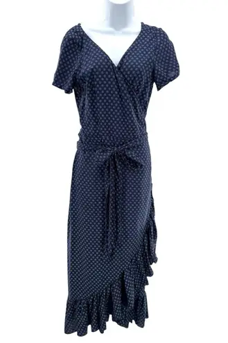 Eshakti Navy Polka Dot Cotton Wrap Dress Ruffle Hem Midi Large Cottage Classic