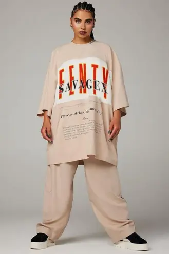Savage X Fenty Shirt Dress Beige Oversized Graphic Tee Dress Size Medium Casual Tan