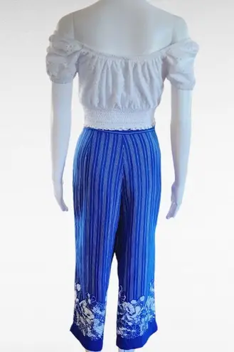 Mixit Blue White Striped Floral Border Capris Size 8
