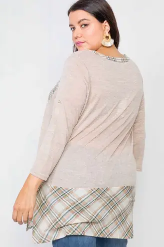 L LOVE Taupe Plaid Detail 3/4 Sleeve Top 2XL