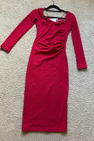Wine Red Square Neck Midi Dress with Chain Detail, US Size S/XS, Party Slim Fit