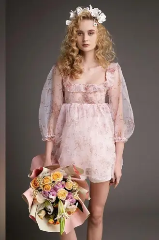 J.ING Jing Pink Floral Organza Dreamy Tunic Blouse Top Size Small NWT