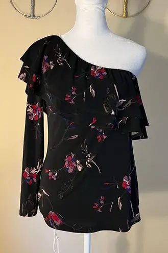 Veronica M Black Red Purple Floral Ruffle Asymmetrical One Long Sleeve Top XS