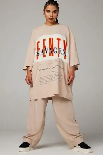 Savage X Fenty Shirt Dress Beige Oversized Graphic Tee Dress Size XS Casual