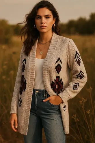 London Kaye Cotton Blend Open Front Cardigan Aztec Boho Southwestern Print M Gray Size M