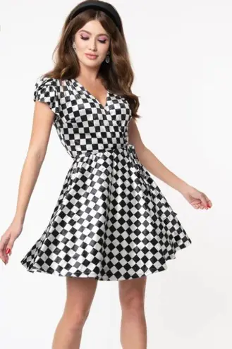 Unique Vintage Girl Power Checkerboard Velvet Flare Dress NWT | MEDIUM