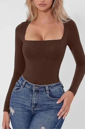 NEW QINSEN Square Neck Bodysuit Long Sleeve Double Lined L Brown Size L