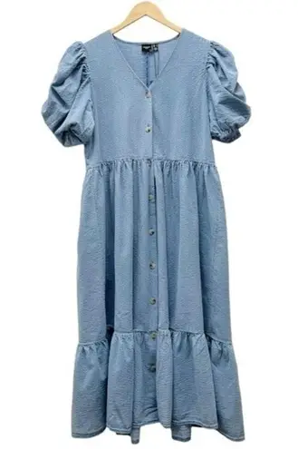 VERO MODA NWT  Puff Sleeve Seersucker Tiered Midi Dress Denim Blue Size Large NEW