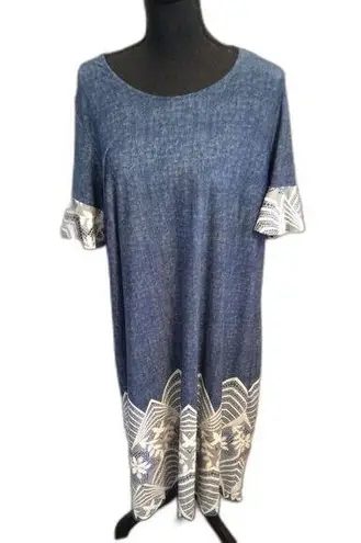 Ellen Wever Midi Dress Plus size 2x Soft Denim Color Lace Print Blue