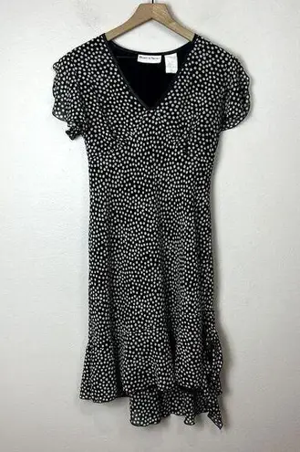 Danny & Nicole Vintage Y2K Bias Cut Midi Dress Size 10P Polka Dot Ruffle Satin Trim Back‎ Tie