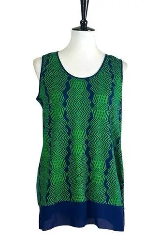 Liz Lange Women’s Sweater Sleeveless Top Chiffon Hem Green Navy Zig Zag Size PM