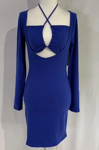 Lush Clothing New Lush Front Tie Cut Out Dress Long Sleeve Bodycon Mini Royal Blue