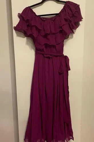 TRENDYOL MİLLA Plum Carmen Collar Midi Dress Off the Shoulder Ruffle Size 40/L Size L