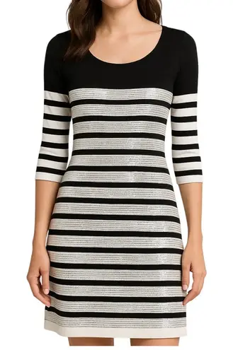 Renee C Sequin Sweater Dress Womens M White Black Stripe Silver Party Holiday Size M