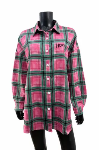 Harry Potter Hogwarts Pink Green Plaid Button Down Shirt Women's L Graphic Back