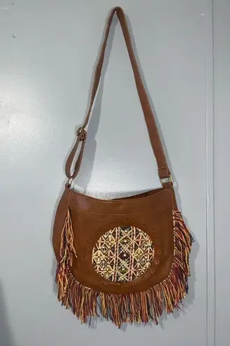 Raj Dark Caramel Tan Hobo Shoulder Strap Fringe Embroidery Beads Boho Hippie Bag