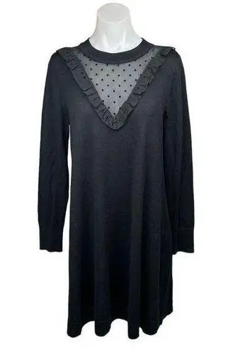 Ann Taylor LOFT Black Polka Dot Mesh Ruffles Long Sleeve Midi Sweater Dress Sz M Size M