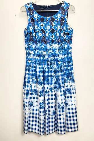 Talbots  Blue Floral Gingham Sleeveless Fit Flare Sleeveless Pockets Dress Size 4