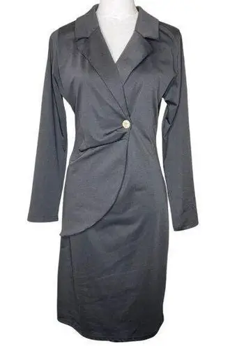 Black Pleated Accent Button Long Sleeve Fauz Wrap Collared Zip Up Dress Size XL