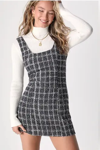 LULU’S Tweed the Way Mini Navy Blue Plaid Mini Dress Size L Classic Chic Flirty White Size L