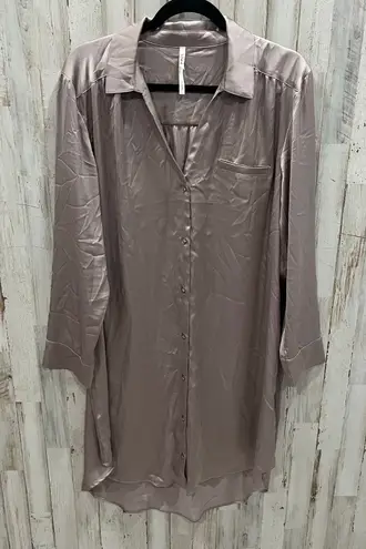 Soma Women's Satin Long Sleeve Button Up Sleep Shirt in Silver Taupe Large