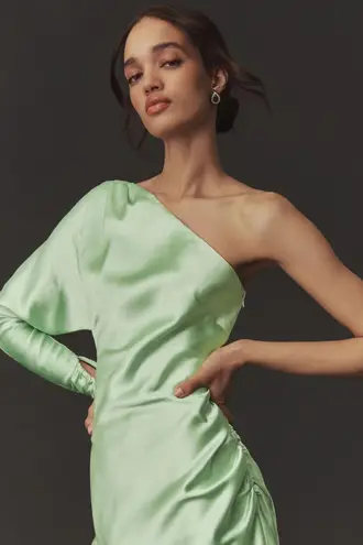 BHLDN Lucy Stretch Satin One Shoulder Mini Dress sage light green
